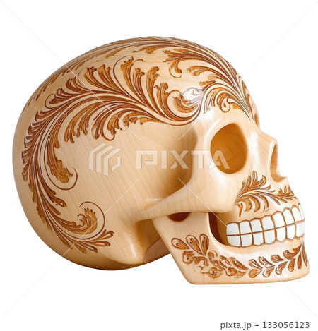 Ornate Wooden Skull with Intricate Floral Carvings, Traditional Art Inspired by Cultural Celebrations 133056123