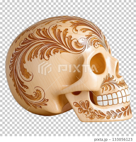 Ornate Wooden Skull with Intricate Floral Carvings, Traditional Art Inspired by Cultural Celebrations 133056123