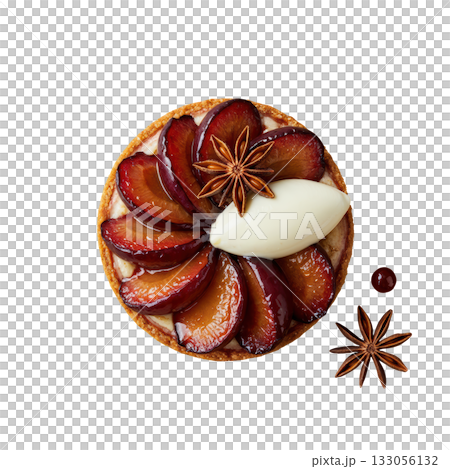 Delicious gourmet plum tart dessert with roasted fruit and star anise. Sweet pastry food topped with quenelle of cream 133056132
