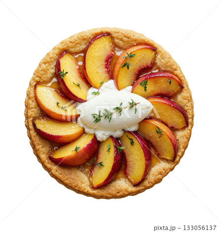 Delightful fresh nectarine and thyme tart, delicious pastry dessert with creamy ricotta quenelle for sweet treat Delightful fresh nectarine and thyme tart, delicious pastry dessert with creamy ricotta quenelle for sweet treat 133056137