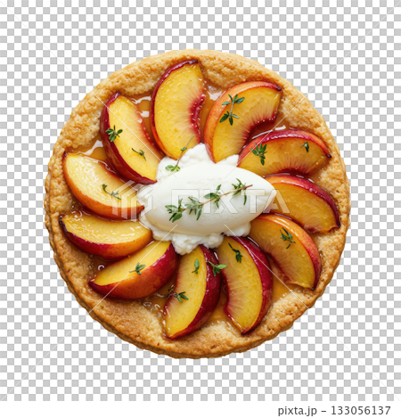 Delightful fresh nectarine and thyme tart, delicious pastry dessert with creamy ricotta quenelle for sweet treat 133056137