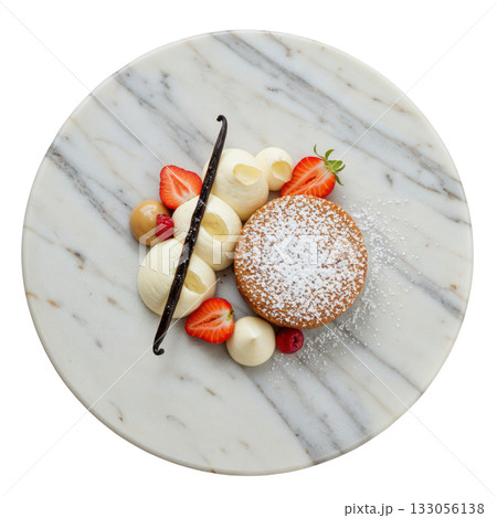 Gourmet dessert cake, delicious macadamia vanilla financier with strawberry and fresh cream on marble plate 133056138
