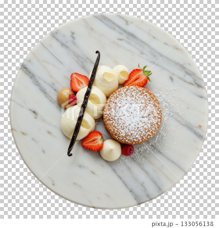 Gourmet dessert cake, delicious macadamia vanilla financier with strawberry and fresh cream on marble plate 133056138