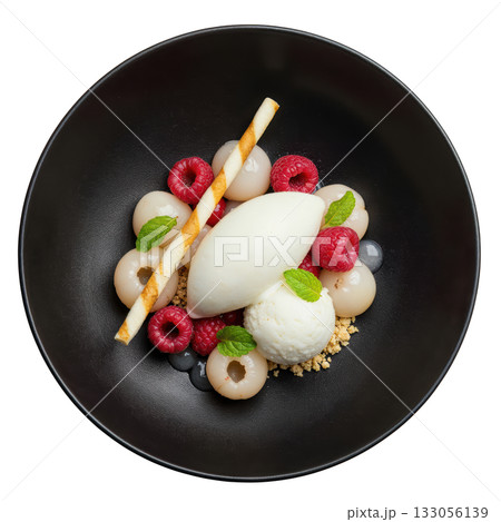 Refreshing gourmet dessert with white lychee sorbet, fresh raspberry, and fruit on dark plate. delicious treat 133056139