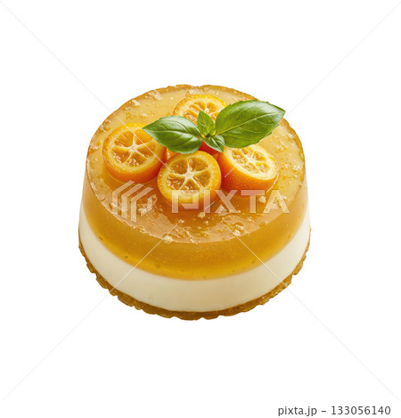 Gourmet kumquat gelee dessert. Layered citrus sweet with vanilla cream, an appetizing and indulgent fresh treat 133056140