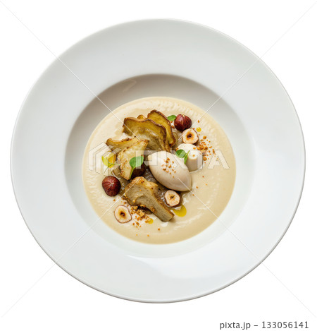 Comforting, creamy Jerusalem artichoke veloute soup in bowl with hazelnut, delicious gourmet appetizer dish 133056141