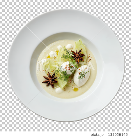 Elegant gourmet fennel and anise soup, comforting creamy veloute. Delicious appetizer served in white dish 133056146
