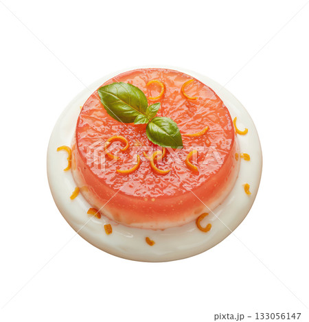 Fresh gourmet grapefruit gelee dessert. light citrus jelly layered on yogurt cream base with basil garnish Fresh gourmet grapefruit gelee dessert. light citrus jelly layered on yogurt cream base with basil garnish 133056147