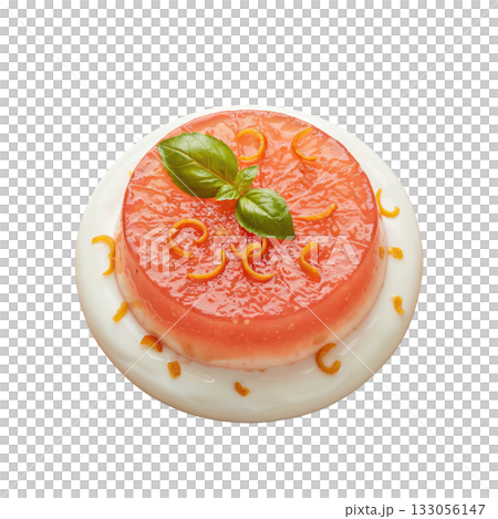 Fresh gourmet grapefruit gelee dessert. light citrus jelly layered on yogurt cream base with basil garnish Fresh gourmet grapefruit gelee dessert. light citrus jelly layered on yogurt cream base with basil garnish 133056147