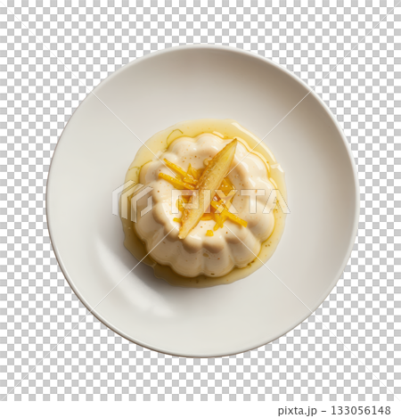 Delicious Ginger Cremeux, silky spiced cream set in mold topped with candied lemon zest and honey drizzle 133056148