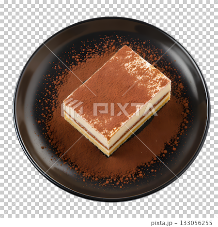 Delicious tiramisu slice, classic Italian dessert on plate, dusted with cocoa powder and rich cream Delicious tiramisu slice, classic Italian dessert on plate, dusted with cocoa powder and rich cream 133056255