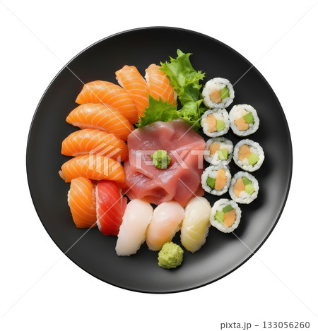 Appetizing sushi platter with fresh salmon nigiri, tuna sashimi, and maki roll. delicious japanese food selection 133056260