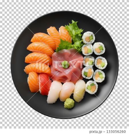 Appetizing sushi platter with fresh salmon nigiri, tuna sashimi, and maki roll. delicious japanese food selection 133056260