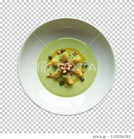 Delicate gourmet zucchini flower soup appetizer. This healthy and elegant fine dining dish transparency background Delicate gourmet zucchini flower soup appetizer. This healthy and elegant fine dining dish transparency background 133056291