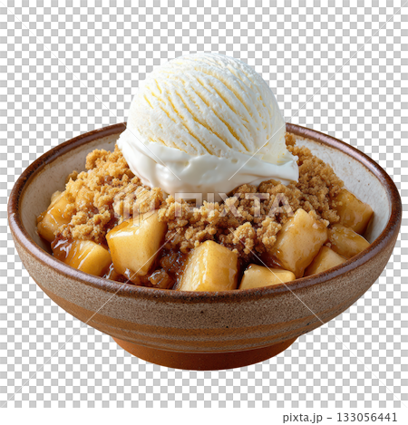 Golden Crisp Topping over Tender Apple Chunks Served with Vanilla Ice Cream in a Rustic Bowl 133056441