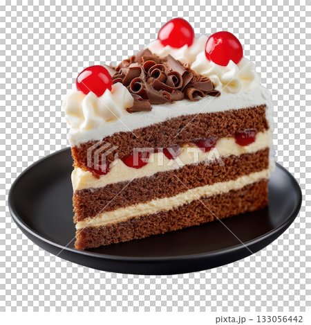 Indulgent Slice of Black Forest Cake with Layers of Chocolate Sponge, Whipped Cream, and Topped with Cherries and Curls 133056442