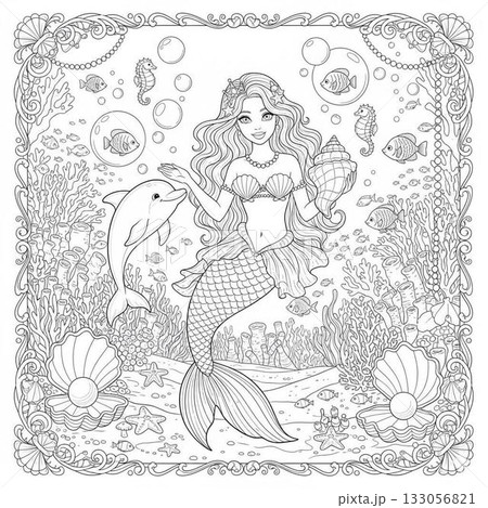 海の中の人魚のお姫様の塗り絵 133056821