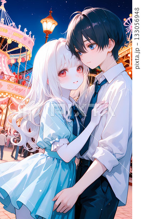 夜の遊園地でデートする可愛いカップル。縦長動画のサムネイルにも使える漫画風のAIイラスト 133056948