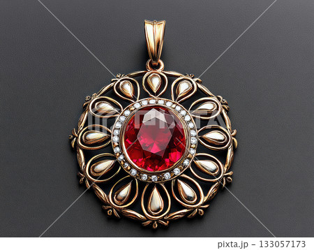 Precious gold jewelry vintage ruby pendant medallion expressing deep passion. An ornate antique design with red gemstone 133057173