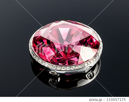 Precious ruby gemstone jewelry showing deep passion. brilliant diamond set on dark reflective background for romance 133057175