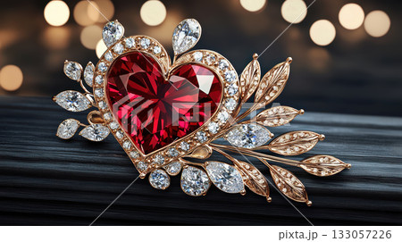 Precious ruby heart jewelry expressing deep passion. sparkling diamond brooch on dark background symbol of love 133057226