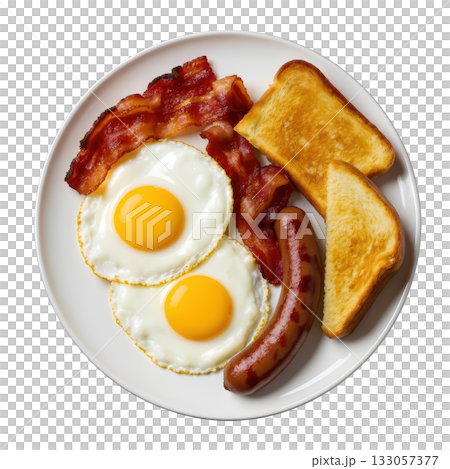Satisfying breakfast plate with fried egg, bacon, sausage and toast. classic, hearty, appetizing morning meal 133057377