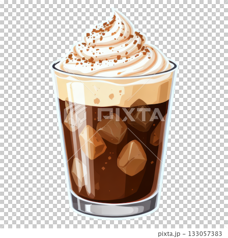 Delicious iced coffee cold brew in glass with sweet whipped cream on top, refreshing and indulgent beverage 133057383