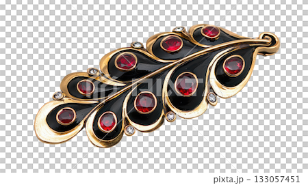 Elegant peacock feather brooch jewelry with red ruby. classic black and gold design for luxurious, precious look 133057451