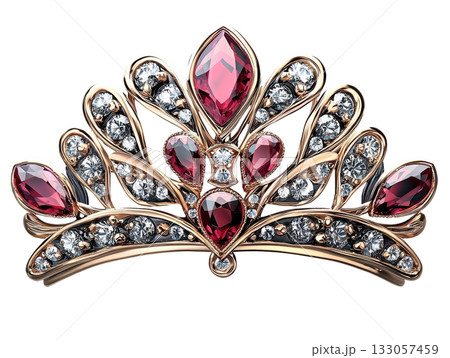 Elegant intricate gold brooch shaped like crown with ruby and diamond. royal and luxurious piece of jewelry 133057459