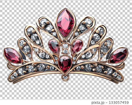 Elegant intricate gold brooch shaped like crown with ruby and diamond. royal and luxurious piece of jewelry 133057459