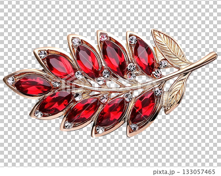 Elegant gold feather brooch with red ruby leaf design. luxury jewelry pin shining with sparkling crystal 133057465