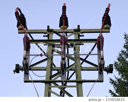 electric pole inspection, industrial electrical maintenance scene with lineman and insulators electric pole inspection, industrial electrical maintenance scene with lineman and insulators 133058635