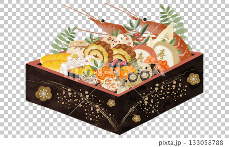 Watercolor New Year's food box illustration 133058788