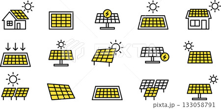 ソーラーパネルの編集可能なアイコン。太陽エネルギー、太陽光パネル、太陽電池、エコカラー 133058791