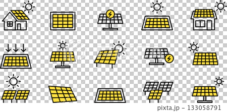 ソーラーパネルの編集可能なアイコン。太陽エネルギー、太陽光パネル、太陽電池、エコカラー 133058791