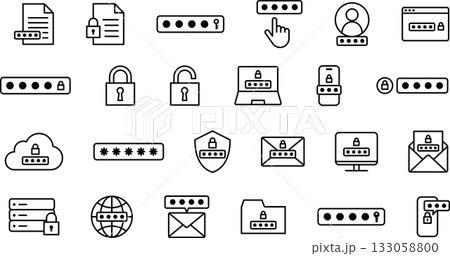 パスワード入力やセキュリティの編集可能な線画アイコンセット 133058800