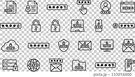 パスワード入力やセキュリティの編集可能な線画アイコンセット 133058800