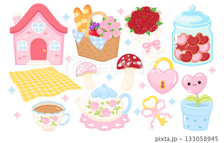 Cute Cozy Cottagecore Valentine picnic element clipart set 133058945