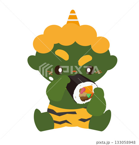 夢中で恵方巻にかぶりつく緑鬼のイラスト 133058948