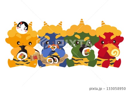 節分に恵方巻をいろんな形で食べるカラフルな鬼たちのイラスト 133058950