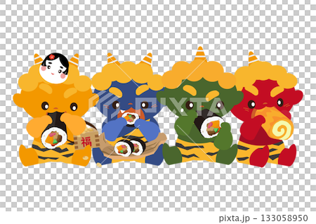 節分に恵方巻をいろんな形で食べるカラフルな鬼たちのイラスト 133058950