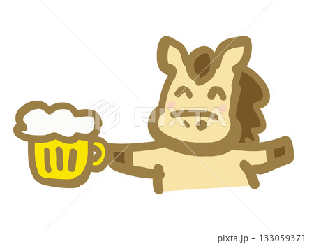 年賀状素材:ビールジョッキを片手に持って楽しそうな表情の馬のキャラクター 年賀状素材:ビールジョッキを片手に持って楽しそうな表情の馬のキャラクター 133059371