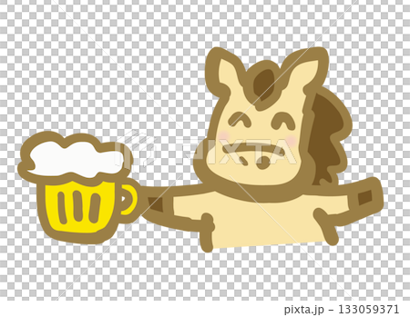 年賀状素材:ビールジョッキを片手に持って楽しそうな表情の馬のキャラクター 年賀状素材:ビールジョッキを片手に持って楽しそうな表情の馬のキャラクター 133059371