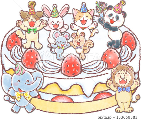 巨大な苺のケーキとかわいい動物達_ケーキの上に乗った動物達 巨大な苺のケーキとかわいい動物達_ケーキの上に乗った動物達 133059383