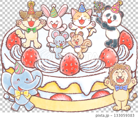 巨大な苺のケーキとかわいい動物達_ケーキの上に乗った動物達 巨大な苺のケーキとかわいい動物達_ケーキの上に乗った動物達 133059383