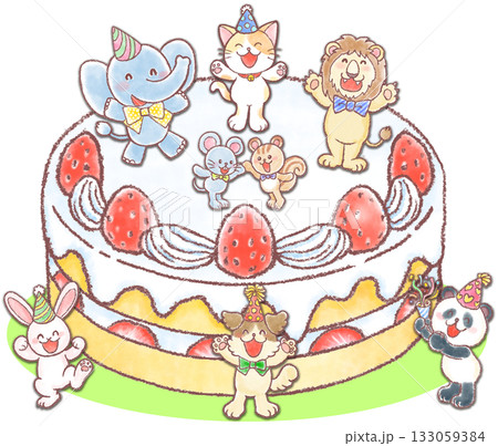 巨大な苺のケーキとかわいい動物達_アニマルケーキパーティー 巨大な苺のケーキとかわいい動物達_アニマルケーキパーティー 133059384