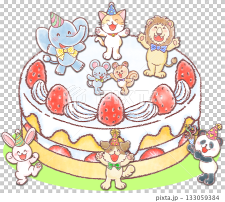 巨大な苺のケーキとかわいい動物達_アニマルケーキパーティー 巨大な苺のケーキとかわいい動物達_アニマルケーキパーティー 133059384