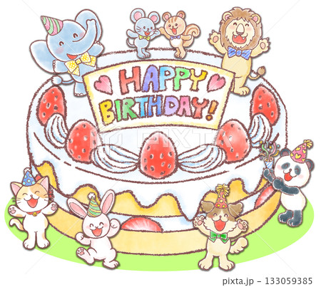 巨大な苺のケーキとかわいい動物達_バースデイケーキ 133059385