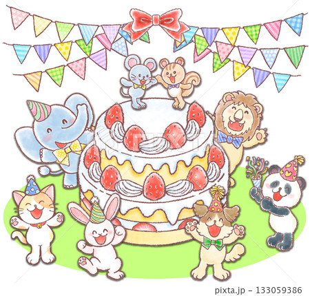 巨大な苺のケーキとかわいい動物達_バースデイケーキ二段重ね_ガーランド_入り 巨大な苺のケーキとかわいい動物達_バースデイケーキ二段重ね_ガーランド_入り 133059386