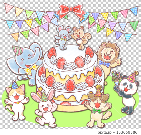 巨大な苺のケーキとかわいい動物達_バースデイケーキ二段重ね_ガーランド_入り 巨大な苺のケーキとかわいい動物達_バースデイケーキ二段重ね_ガーランド_入り 133059386